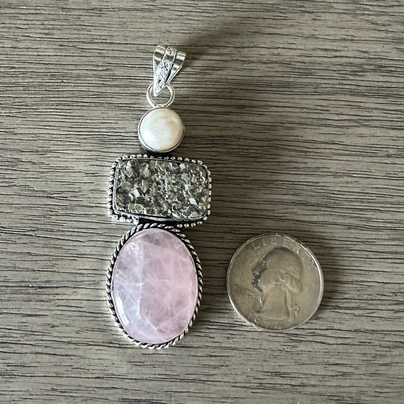 🆑 0833 Rose Quartz Pearl Pendant Handmade Silver Gemstone Statement Jewelry - Picture 4 of 8